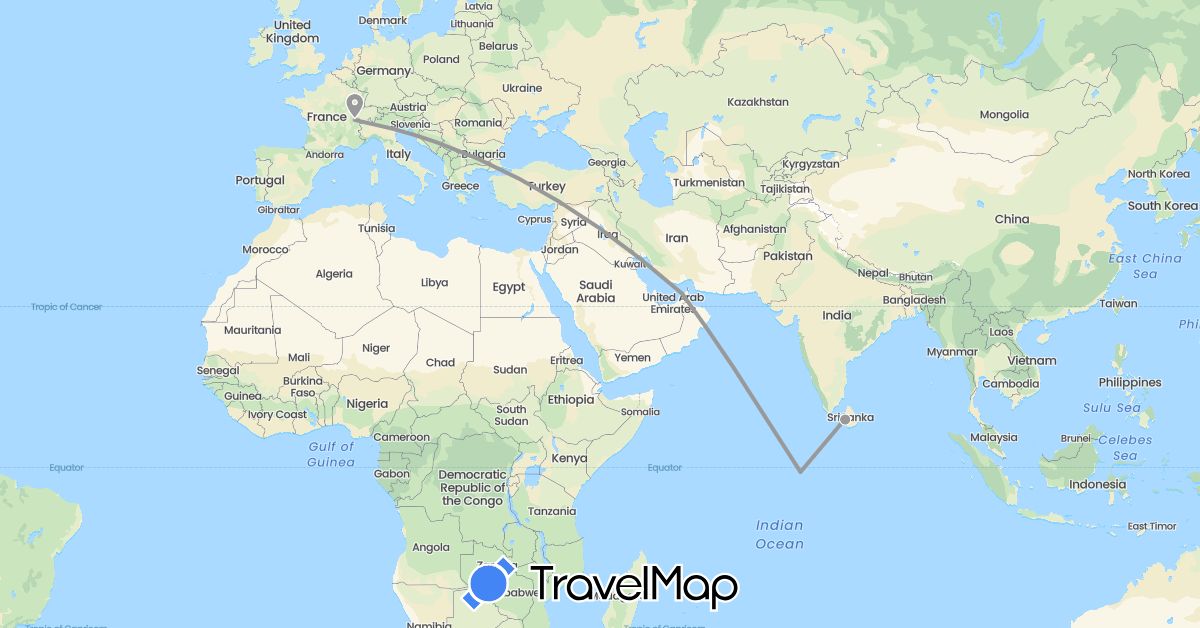 TravelMap itinerary: plane in United Arab Emirates, Switzerland, Sri Lanka, Maldives (Asia, Europe)